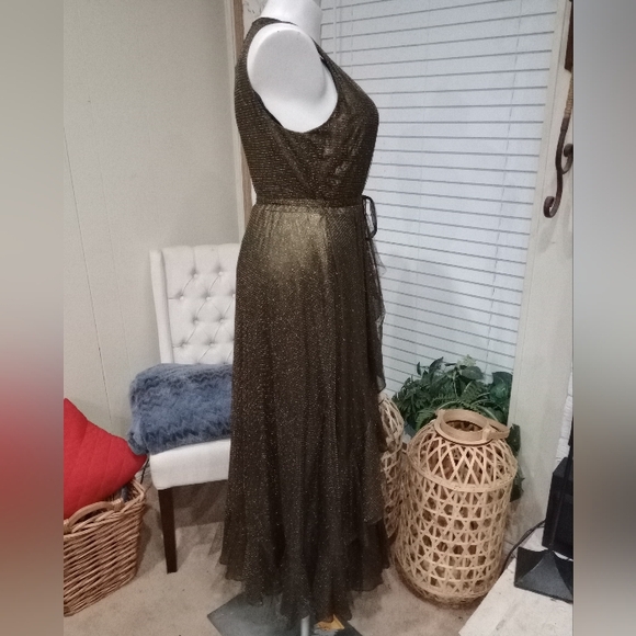 Gold Bronze Metallic Tiered Ruffle Hem Dress Size 16 Shawl Included NWOT - Picture 7 of 14